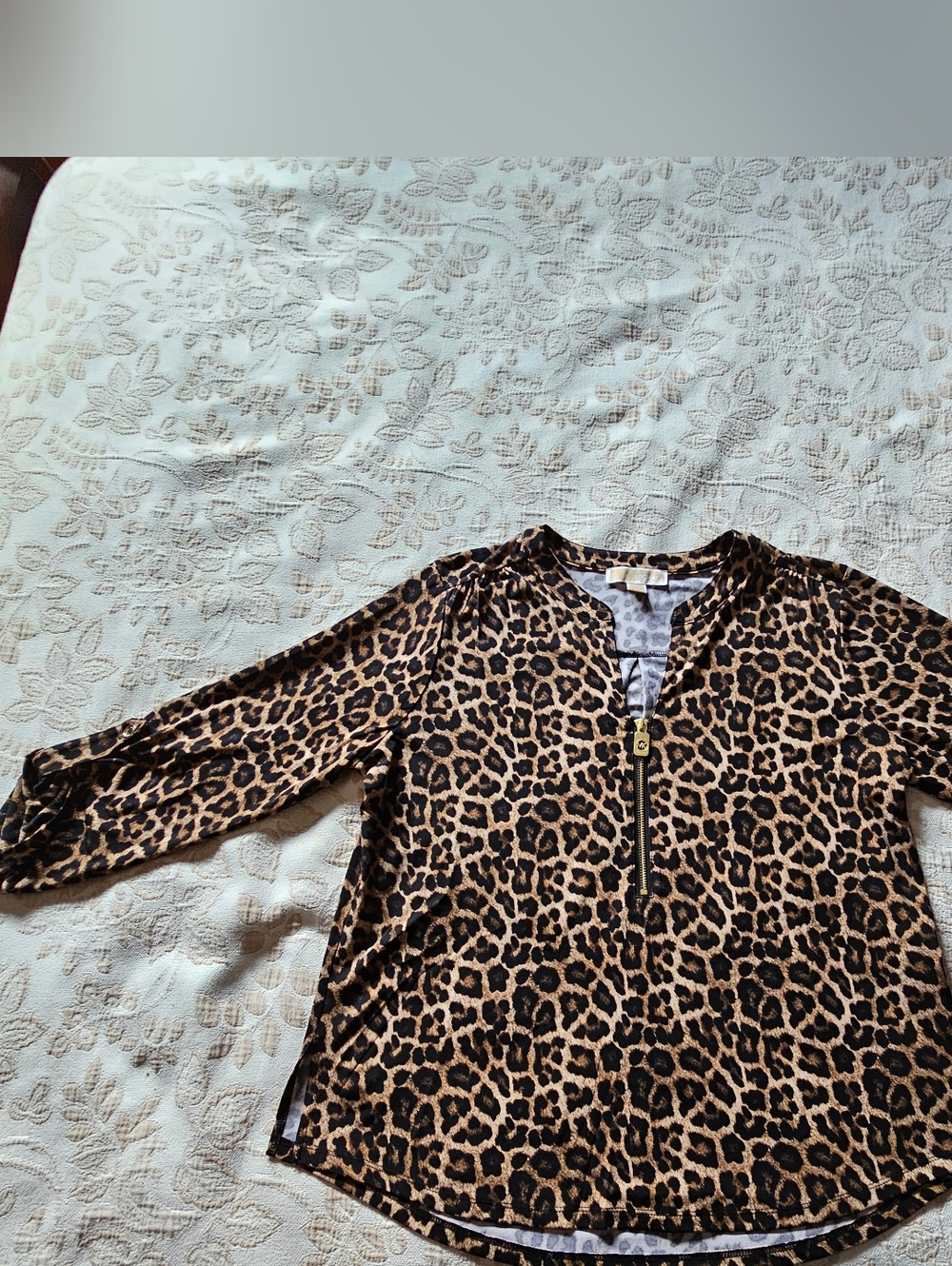 Michael Kors Leopard Print Half Zip Blouse with Tab Sleeves Size XL